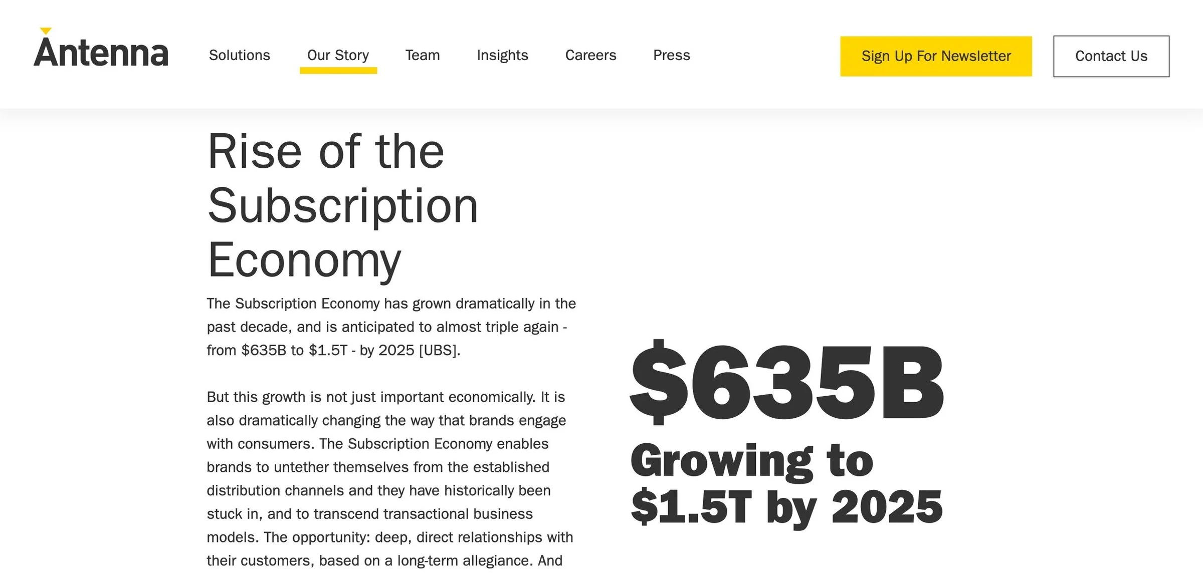 Antenna marketing website homepage showing the new standard for subscription analytics positioning