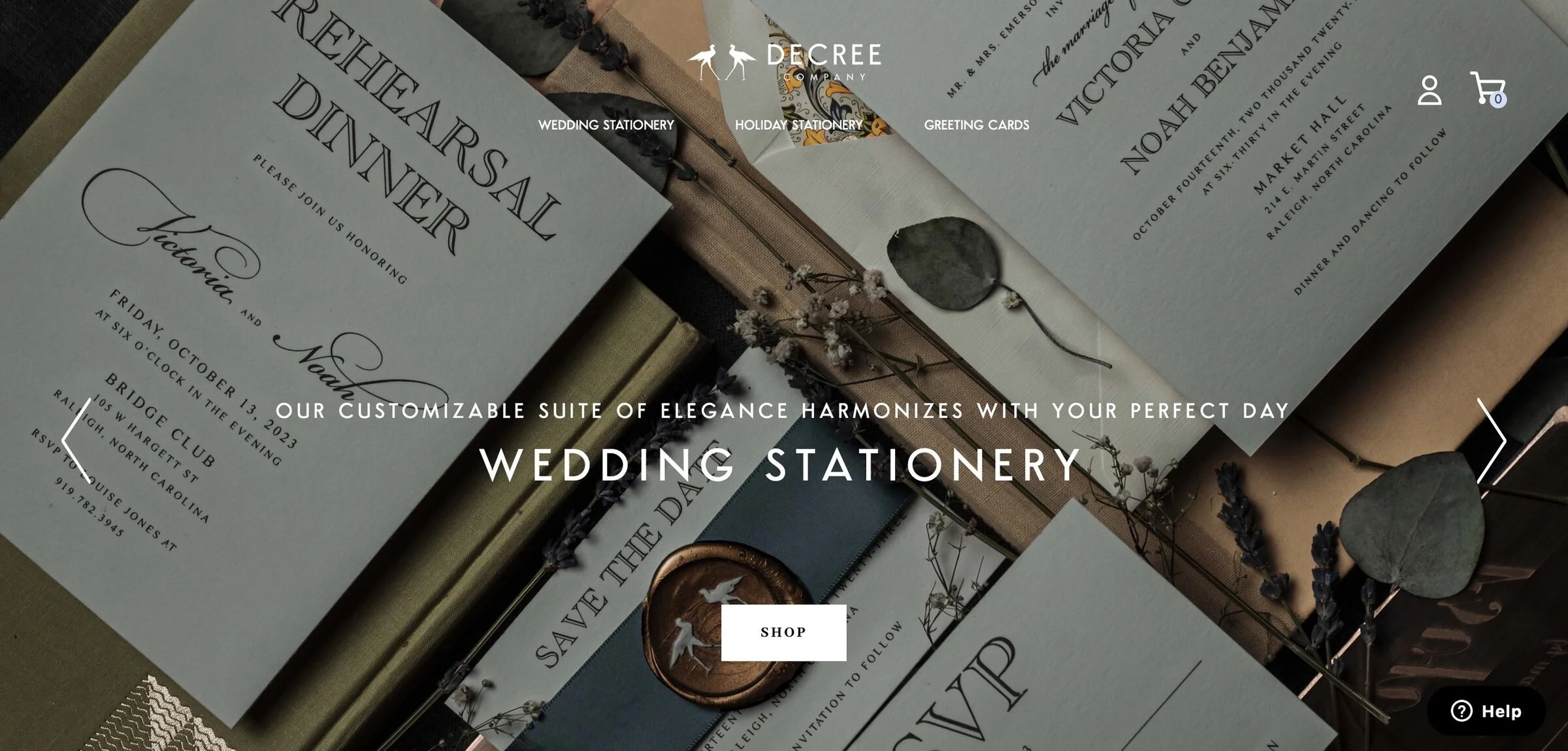 Decree Company shop page with product grid