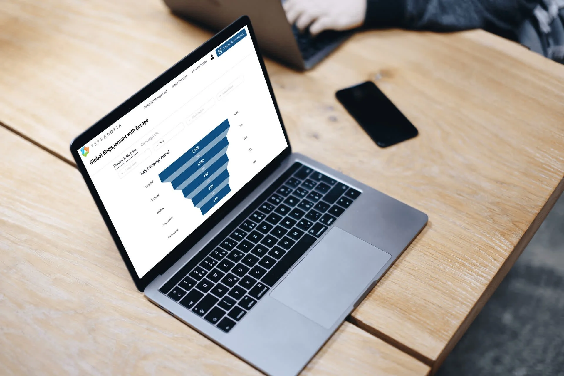 Engage CRM hero image showing the product dashboard and branding