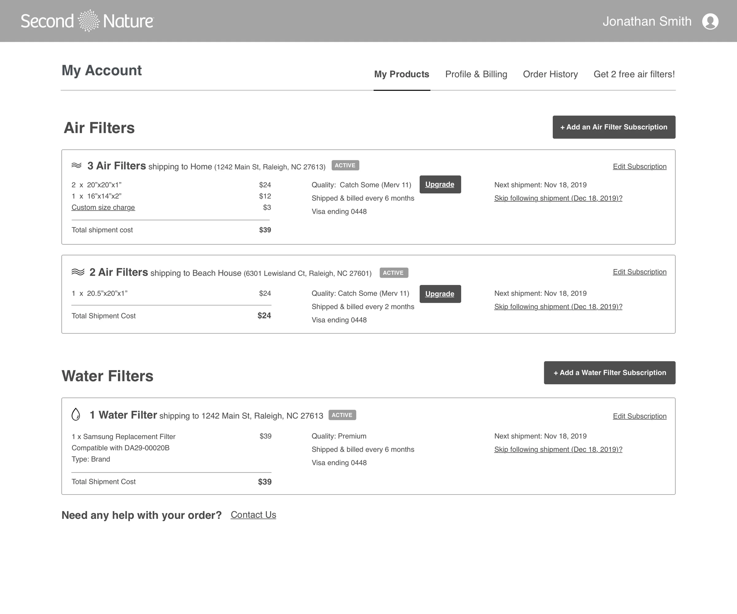 My Products dashboard showing active subscriptions