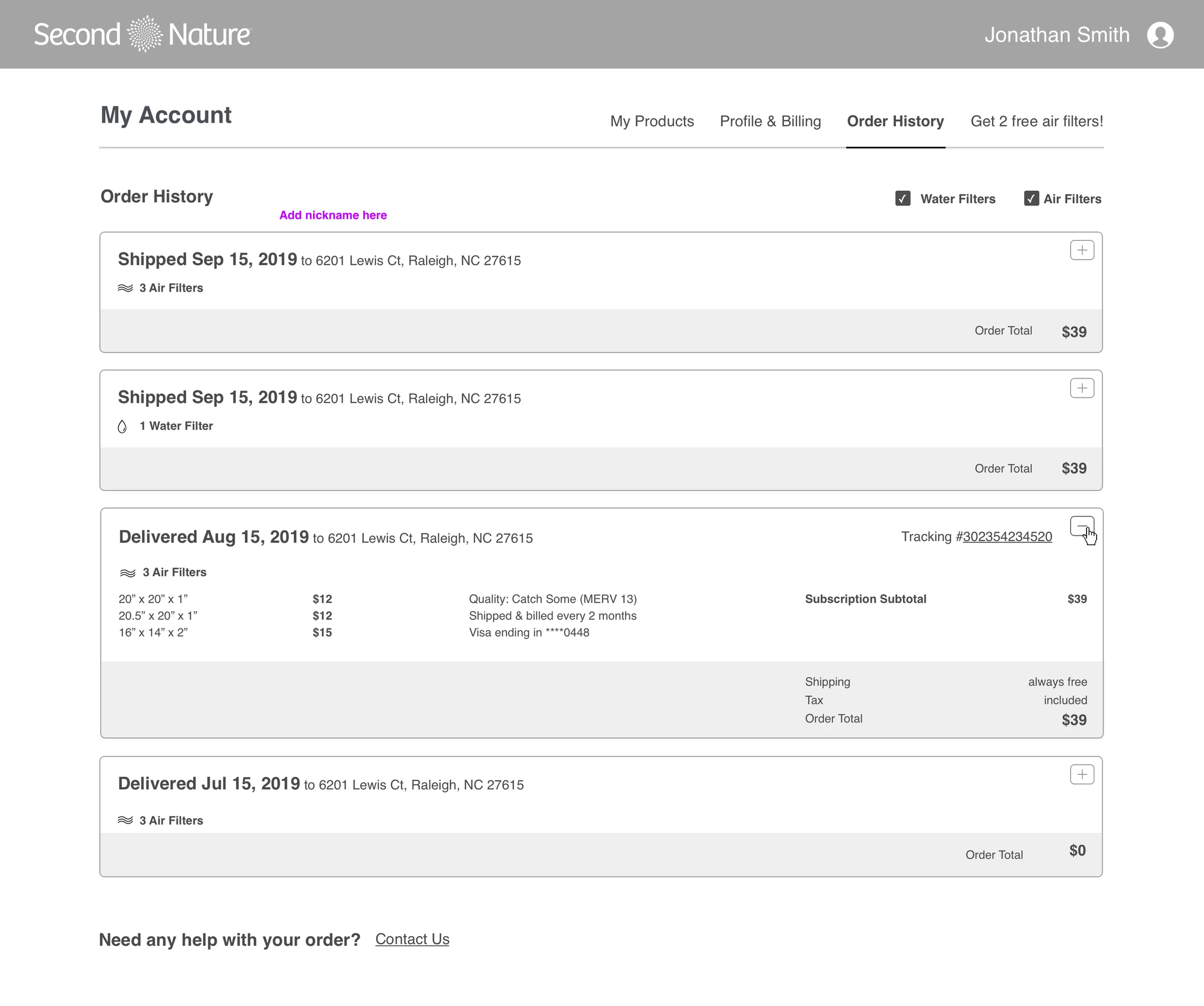 Order history with expanded detail view