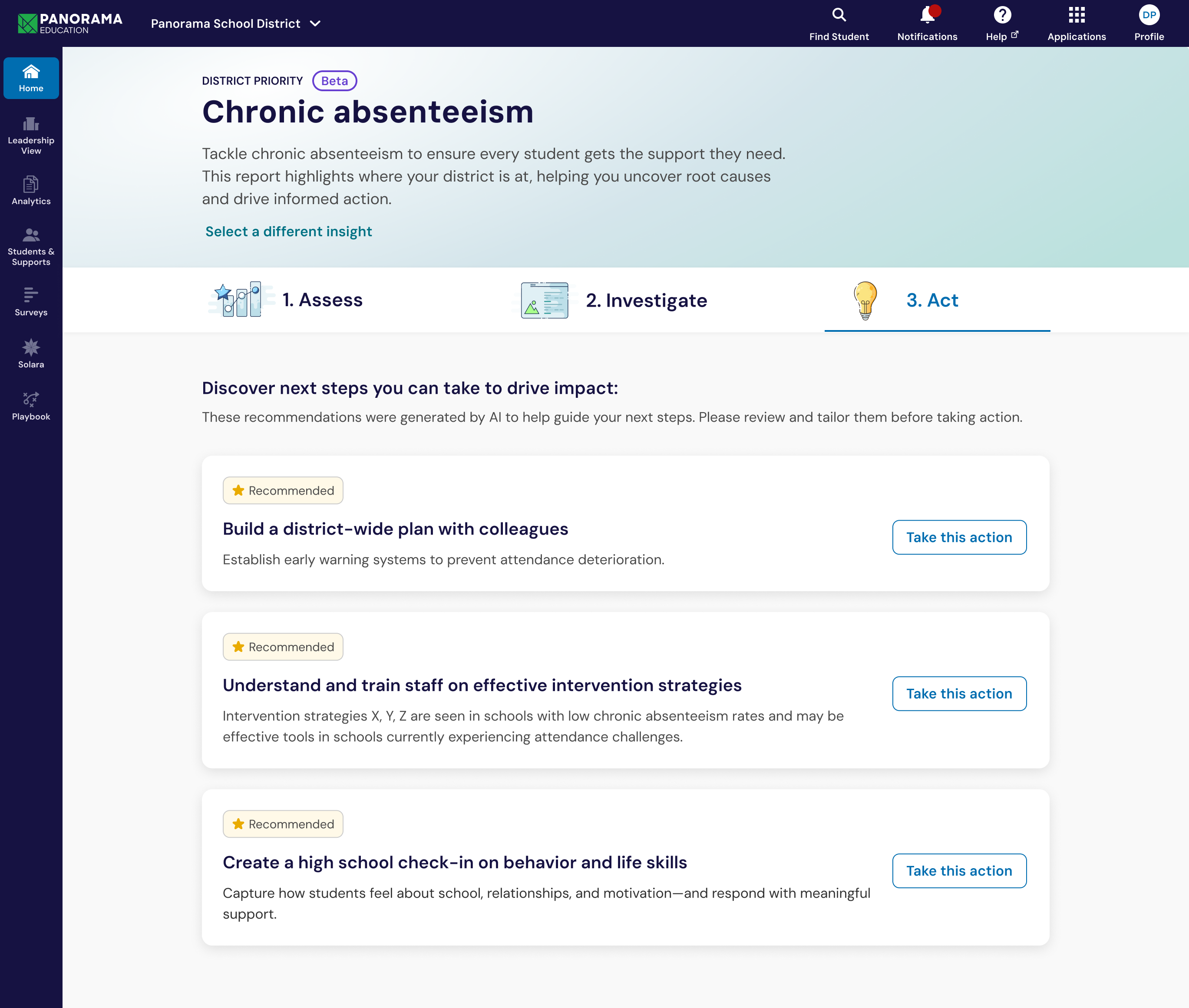 Act tab for chronic absenteeism listing AI-drafted recommended actions, each marked recommended and awaiting review