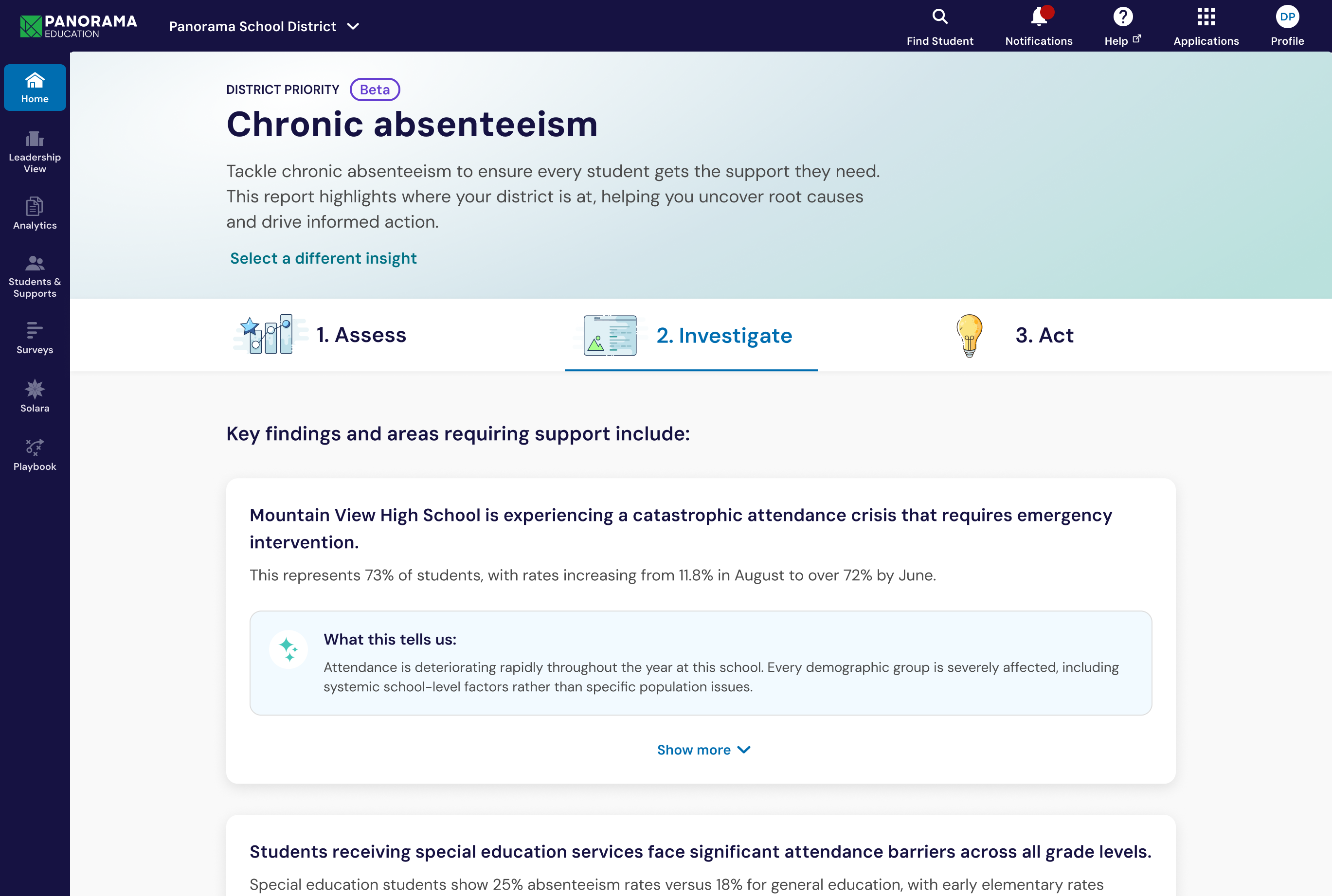 Completed Investigate report for chronic absenteeism listing key findings, each with a plain-language explanation and expandable detail