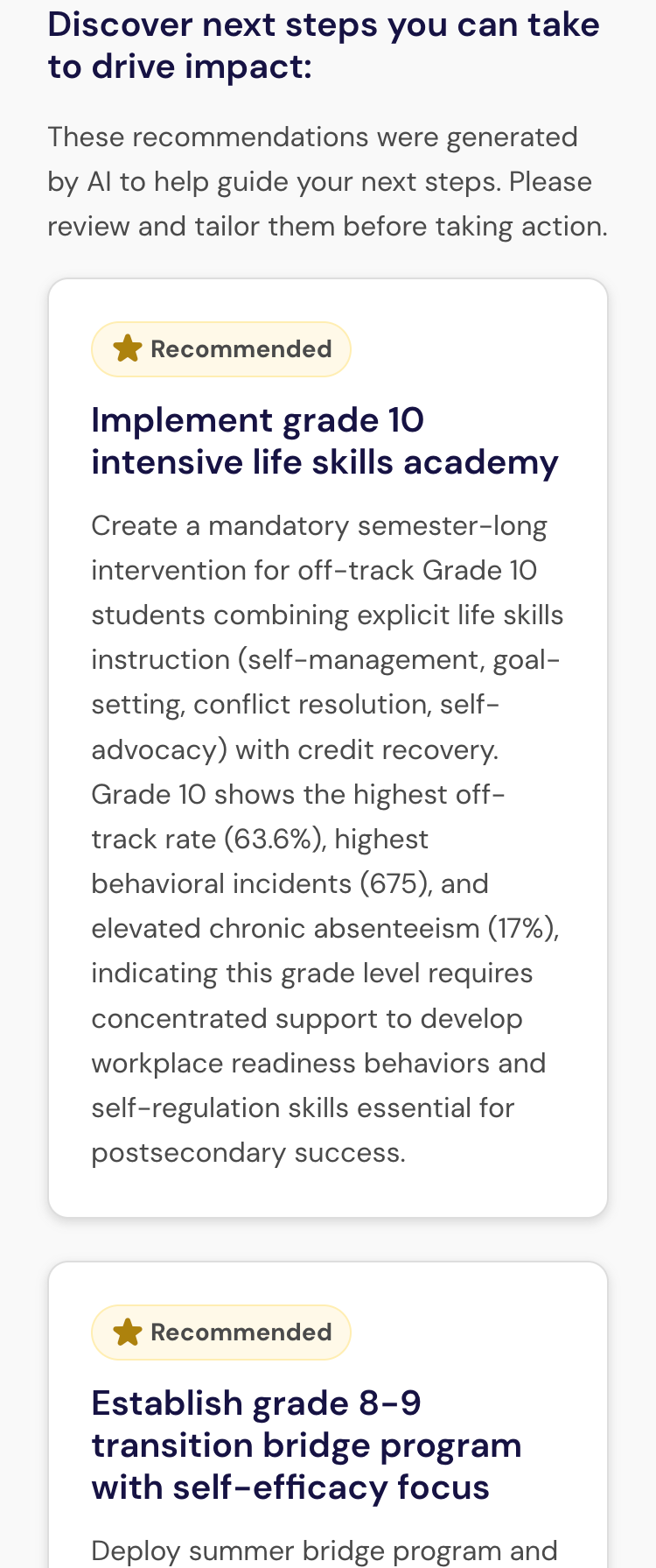 Mobile Act view showing recommended Life Skills interventions for off-track Grade 10 students