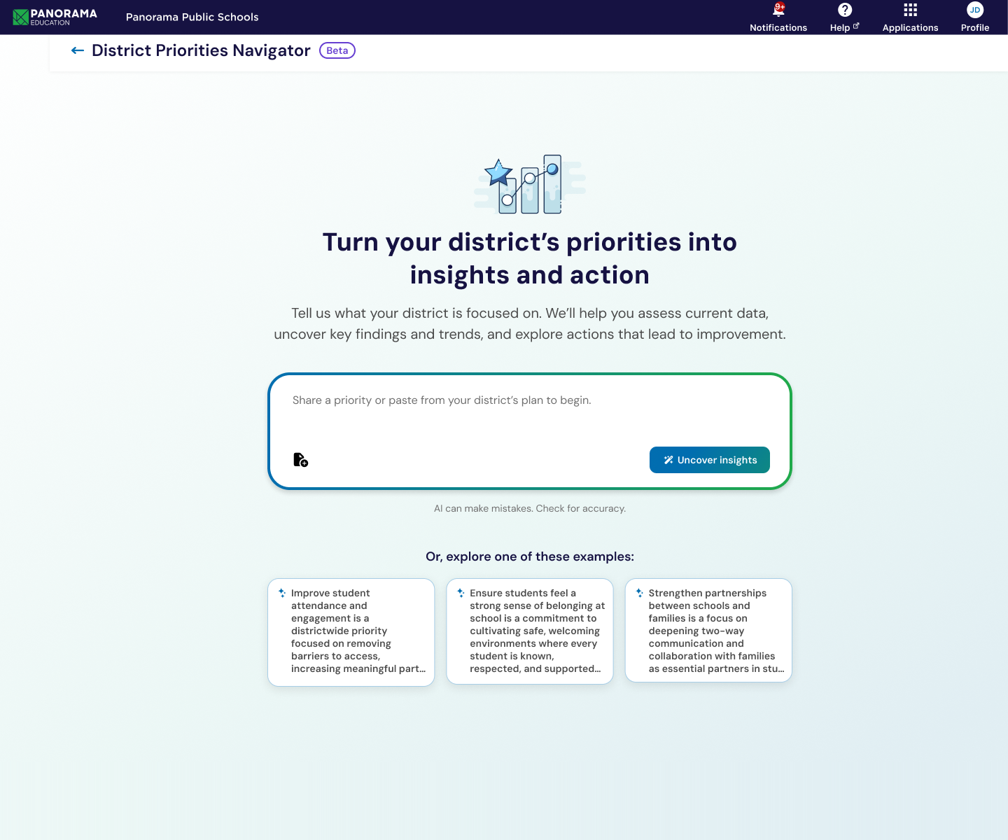 District priorities input screen with a text prompt and example goals to start from